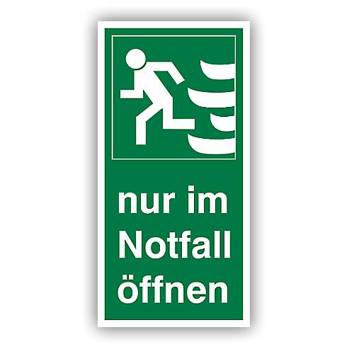 Rettungszeichen, Nur im Notfall öffnen, links praxisbewährt, Aufkleber, Folie, 74 x 148 mm-0