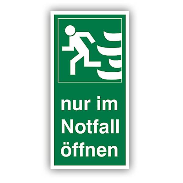 Rettungszeichen, Nur im Notfall öffnen, links praxisbewährt, Aufkleber, Folie, 74 x 148 mm
