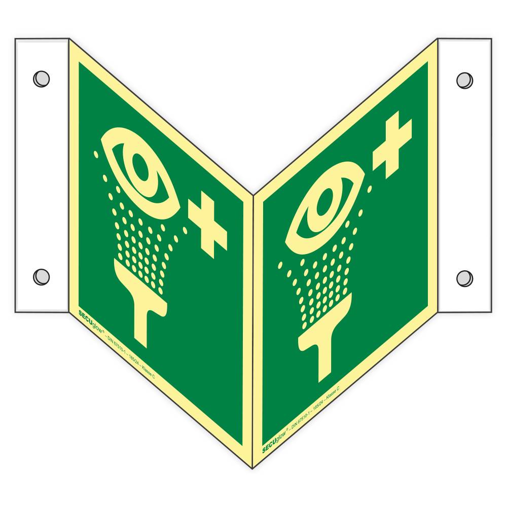 Winkelschild, Augenspüleinrichtung, ISO 7010, SECUglow 185, Kunststoff, 200 x 200 mm-0
