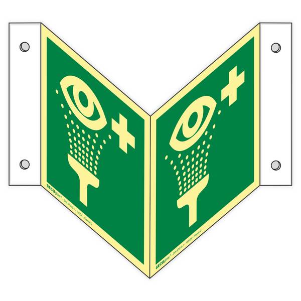 Winkelschild, Augenspüleinrichtung, ISO 7010, SECUglow 185, Kunststoff, 200 x 200 mm