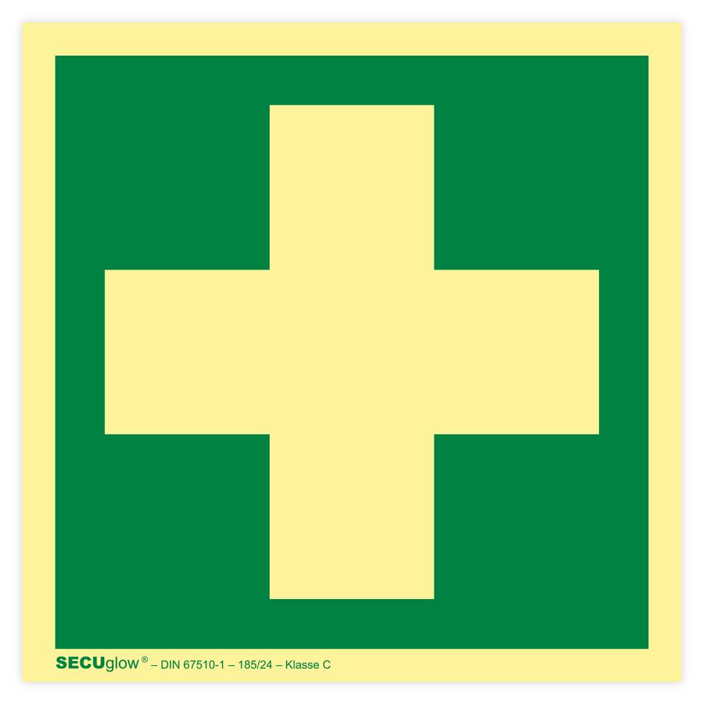 Rettungszeichen, Erste Hilfe, ISO 7010, SECUglow 185, Aufkleber, Folie, 150 x 150 mm-0