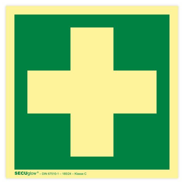 Rettungszeichen, Erste Hilfe, ISO 7010, SECUglow 185, Aufkleber, Folie, 150 x 150 mm