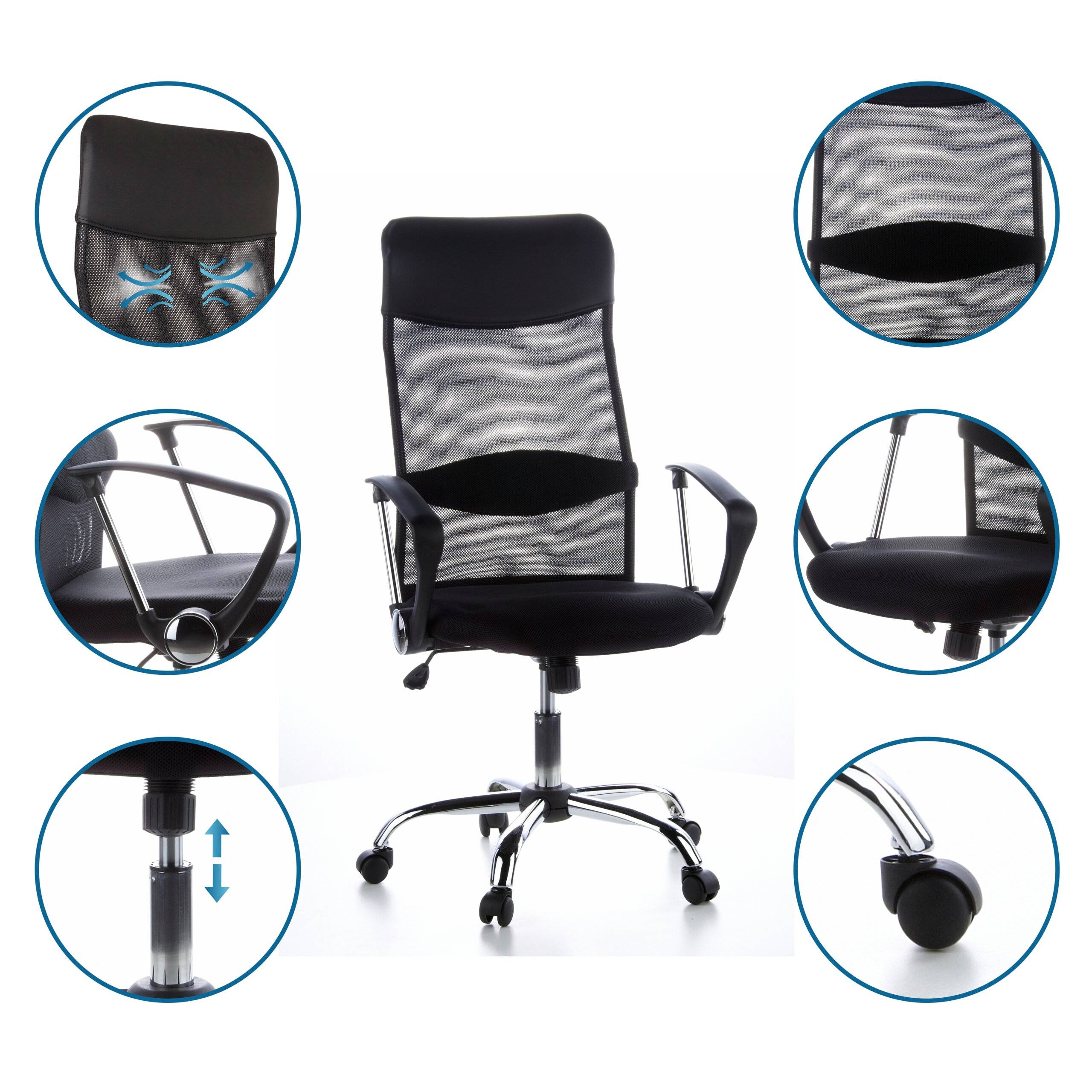 Bürostuhl Chefsessel Schreibtischstuhl ARIA HIGH Netzstoff Kunstleder schwarz Chrom hjh OFFICE-3