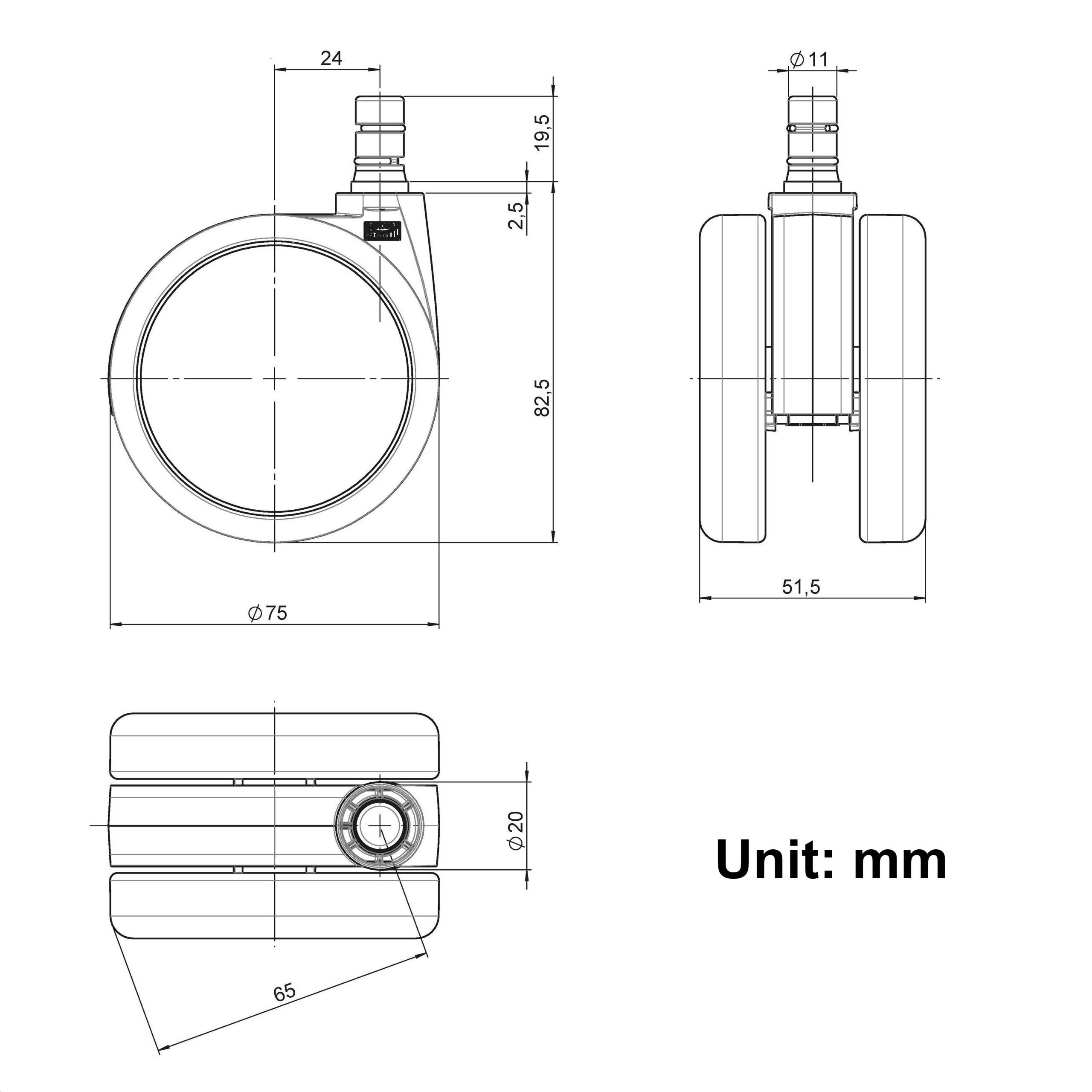 5x ROLO No-Noise 11mm/75mm | Hartböden - Stuhlrollen Schwarz-5