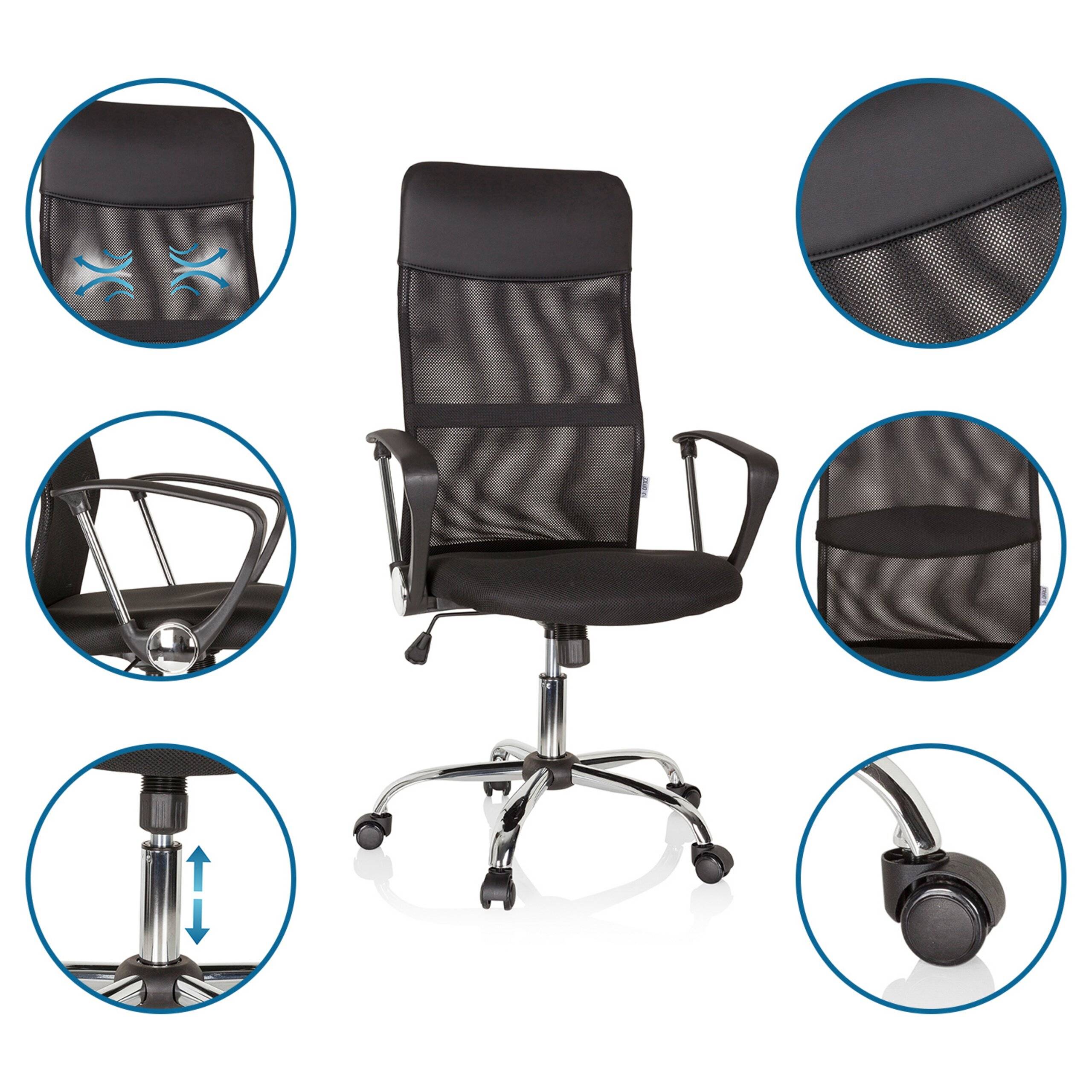 Bürostuhl Chefsessel Schreibtischstuhl PURE NET Netzstoff Kunstleder schwarz Chrom hjh OFFICE-3