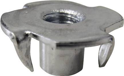 Ein Vierkrallen-T-Muttern-Einsatz aus Metall, verwendet zum Befestigen in Holz oder Weichmaterialien.