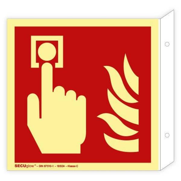Fahnenschild, Brandmelder manuell, ISO 7010, SECUglow 185, Kunststoff, 200 x 200 mm