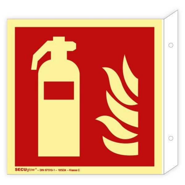 Fahnenschild, Feuerlöscher, ISO 7010, SECUglow 185, Kunststoff, 200 x 200 mm