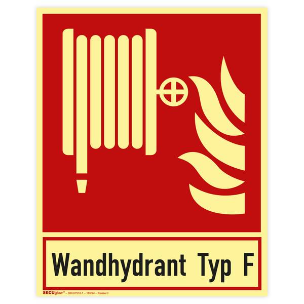 Brandschutzzeichen, Löschschlauch mit Wandhydrant Typ F, SECUglow 185, Aufkl., Folie, 200 x 250 mm