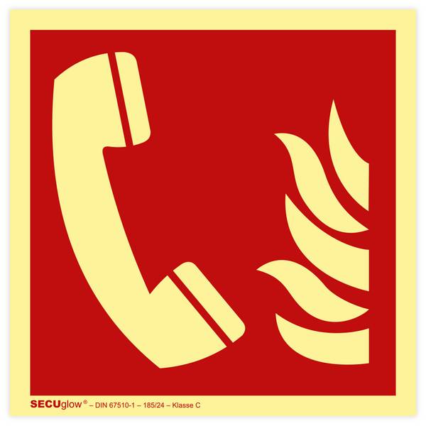 Brandschutzzeichen, Brandmeldetelefon, DIN 7010, SECUglow 185, Aufkleber, Folie, 200 x 200 mm