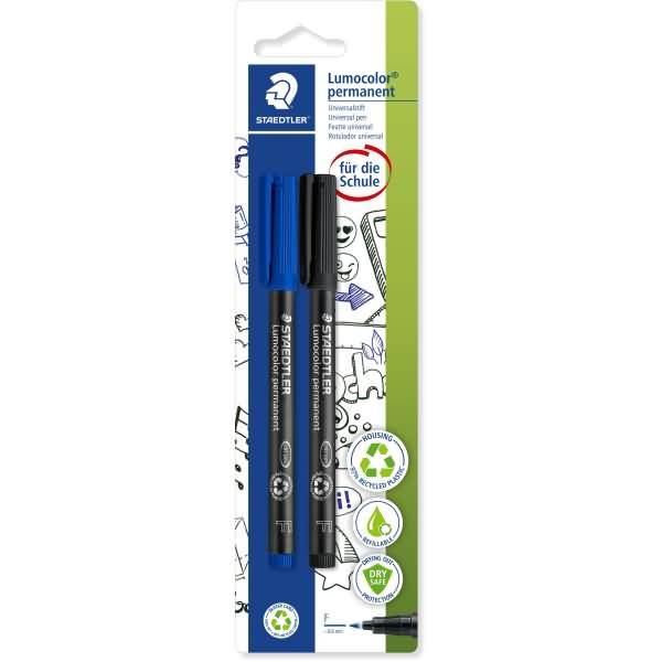 Folienschreiber Lumocolor F permanent blau, schwarz auf Blisterkarte