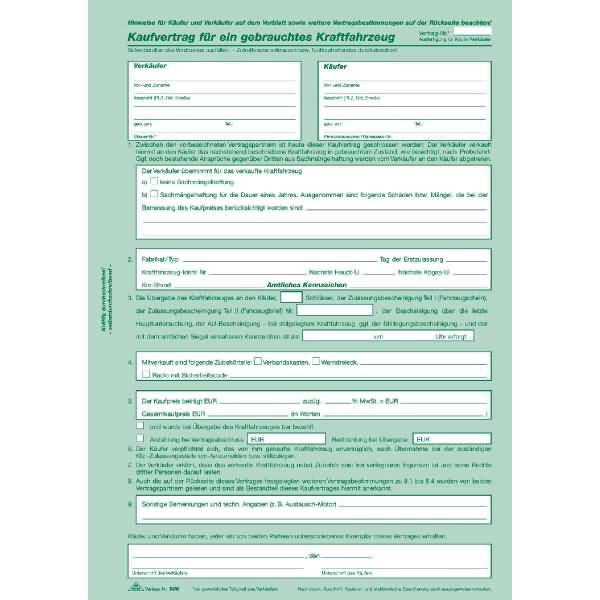Kaufvertrag für gebrauchte Kfz. VE=10 Stück