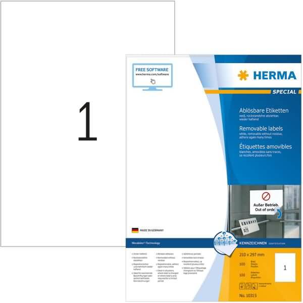 Ablösbare Etiketten A4, 210 x 297 mm, weiß, wieder haftend, 10315, Herma-0