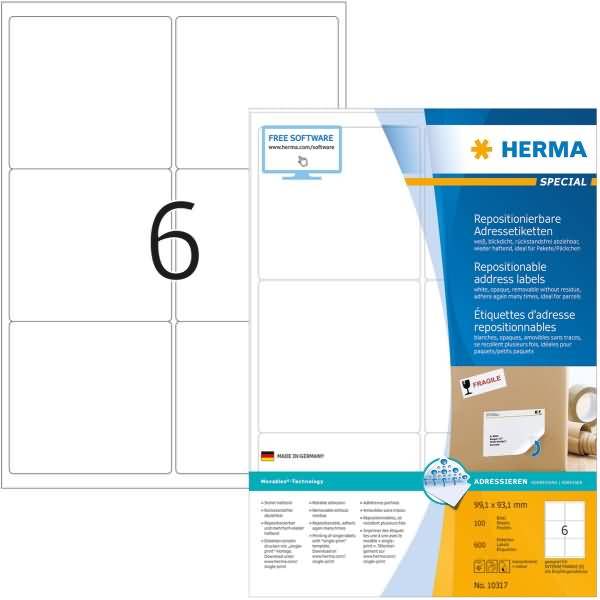 Repositionierbare Adressetiketten A4, 99,1 x 93,1 mm, weiß, blickdicht, wieder haftend-0