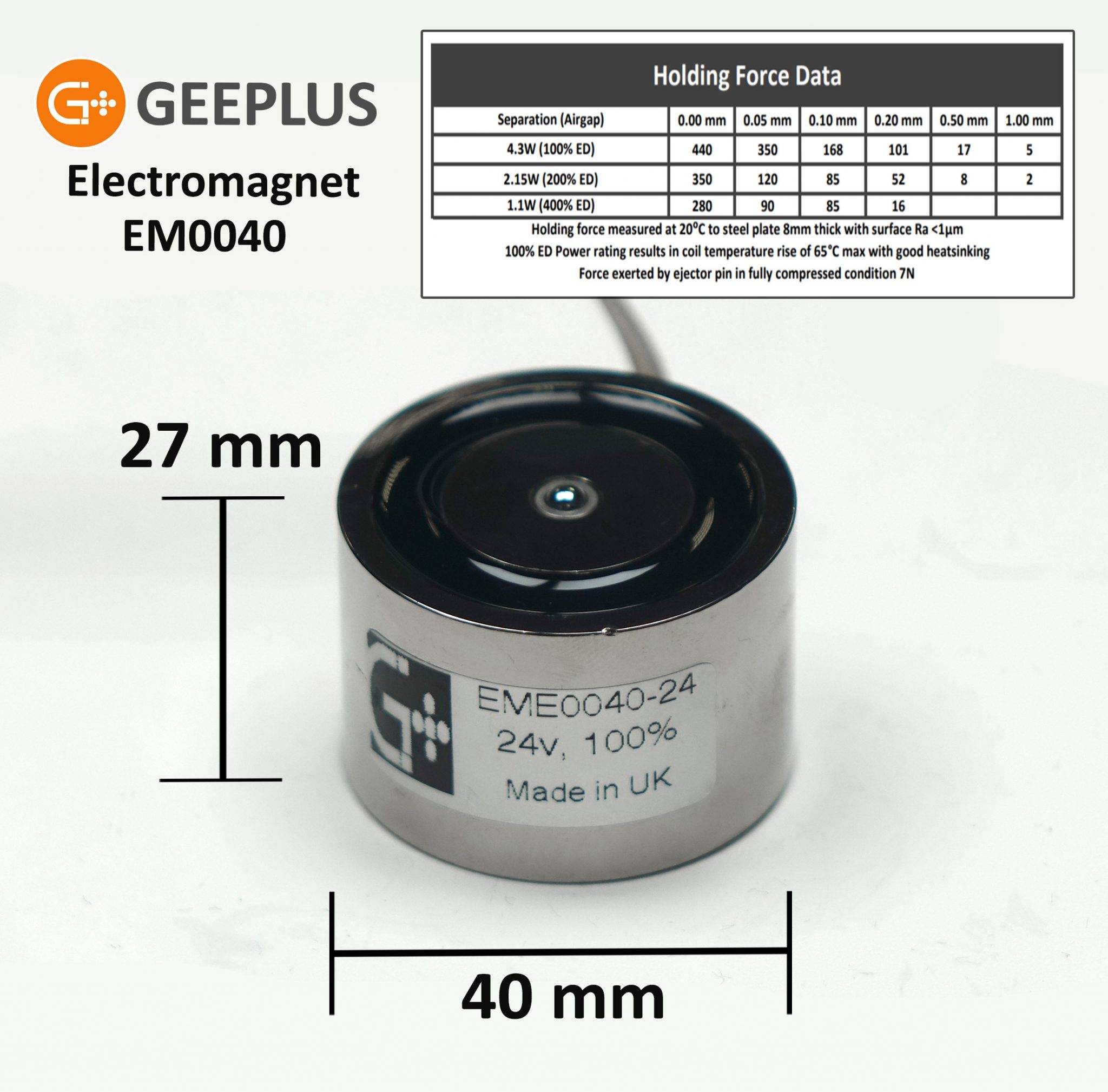 Geeplus Elektromagnet / Elektrohaftmagnet EM0040-24, Ø40 x 27mm, 400N, 24V, 4,3W-2