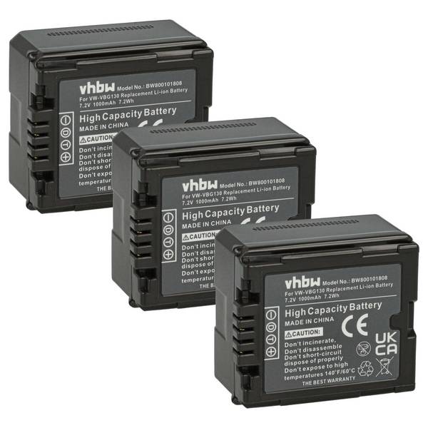 vhbw 3x Akku kompatibel mit Panasonic HDC-SD707 | HDC-SDT750, HDC-SD9 Videokamera Camcorder (1000 mAh, 7,2 V, Li-Ion) +