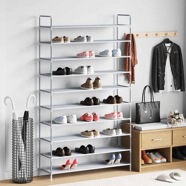 vidaXL Schuhregal mit 10 Ablagen Metall und Vliesstoff Silbern