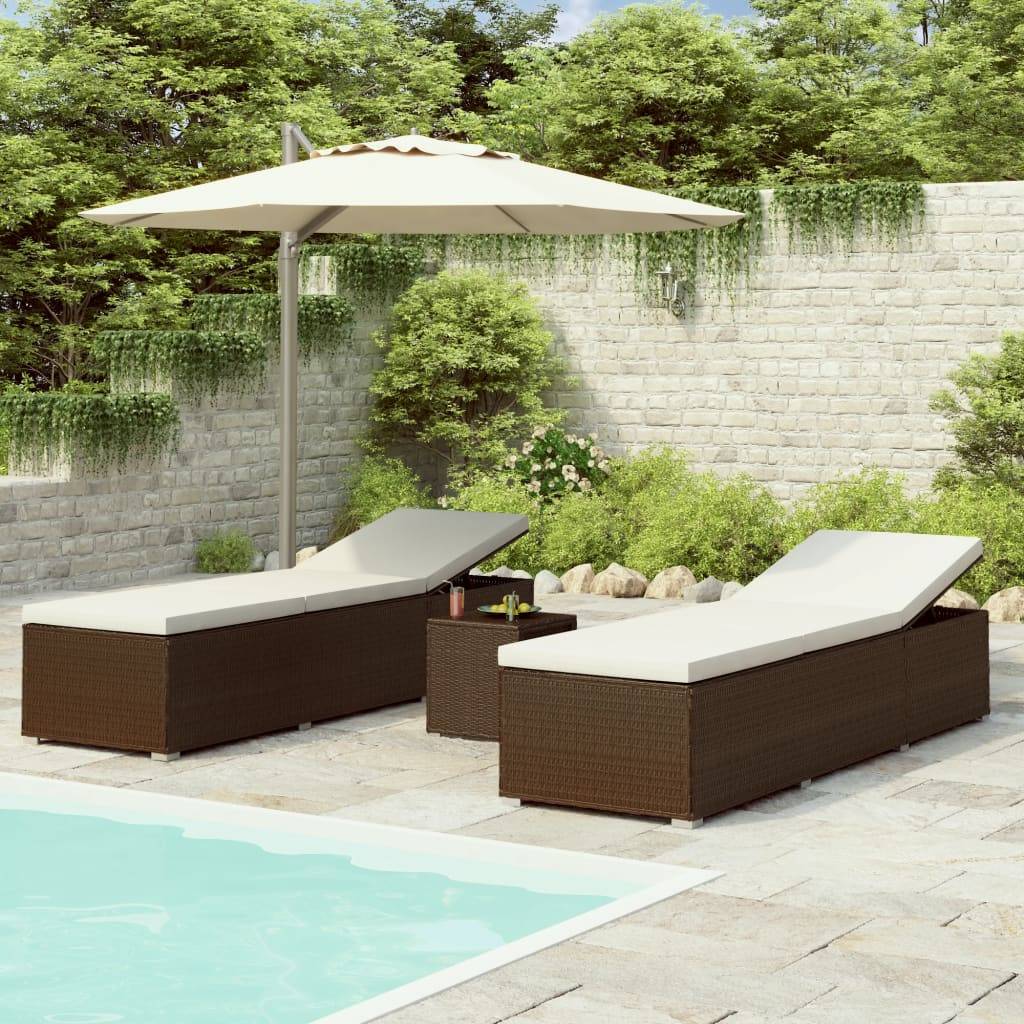 vidaXL 3-tlg. Garten-Sonnenliegen mit Teetisch Poly Rattan Braun-0