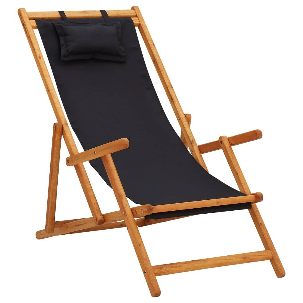 vidaXL Strandstuhl Klappbar Massivholz Eukalyptus und Stoff Schwarz-0