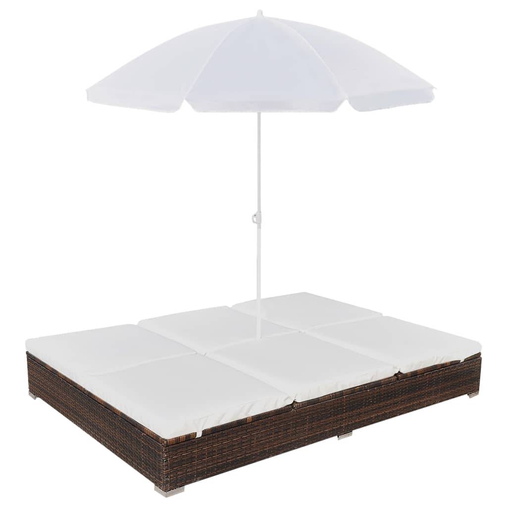 vidaXL Outdoor-Loungebett mit Sonnenschirm Poly Rattan Braun-0