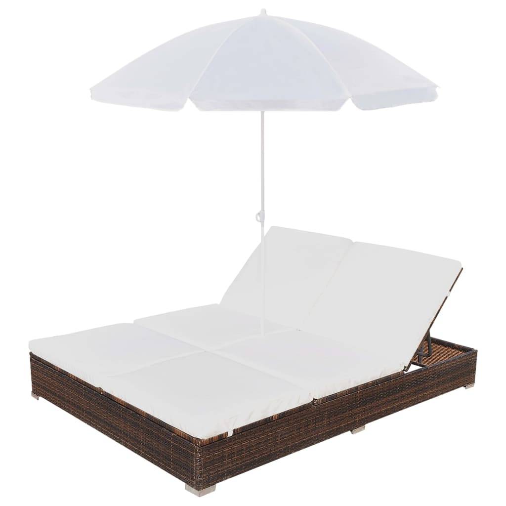 vidaXL Outdoor-Loungebett mit Sonnenschirm Poly Rattan Braun-2
