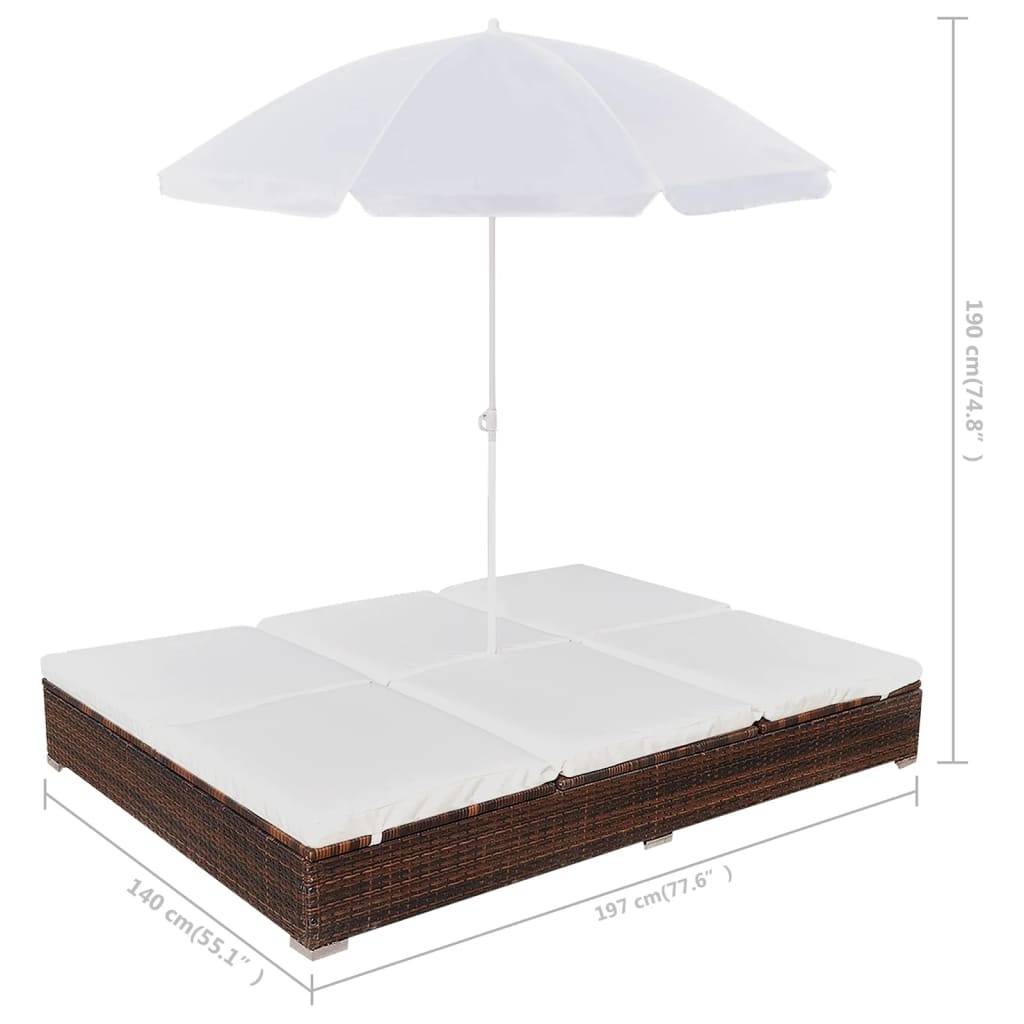 vidaXL Outdoor-Loungebett mit Sonnenschirm Poly Rattan Braun-4