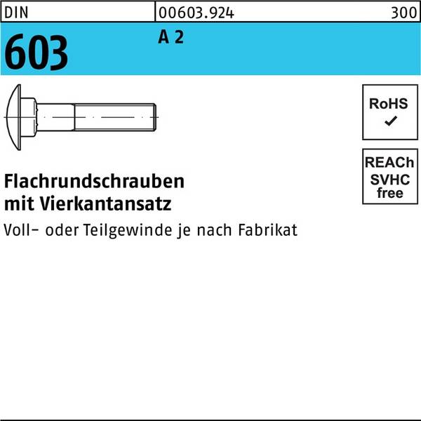 Flachrundschraube DIN 603 Vierkantansatz M8x 70 A 2 100 Stück