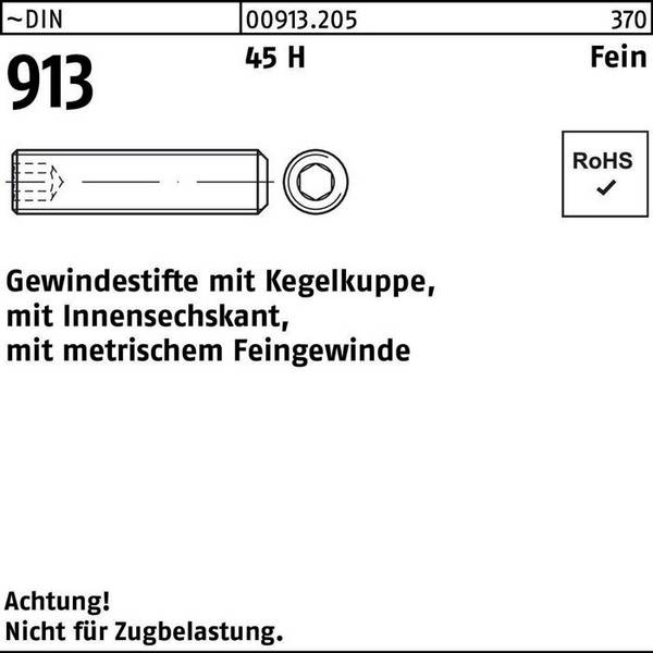Gewindestift DIN 913 Kegelkuppe/Innen-6kt M8x1x50 45 H Feingew. 100St.