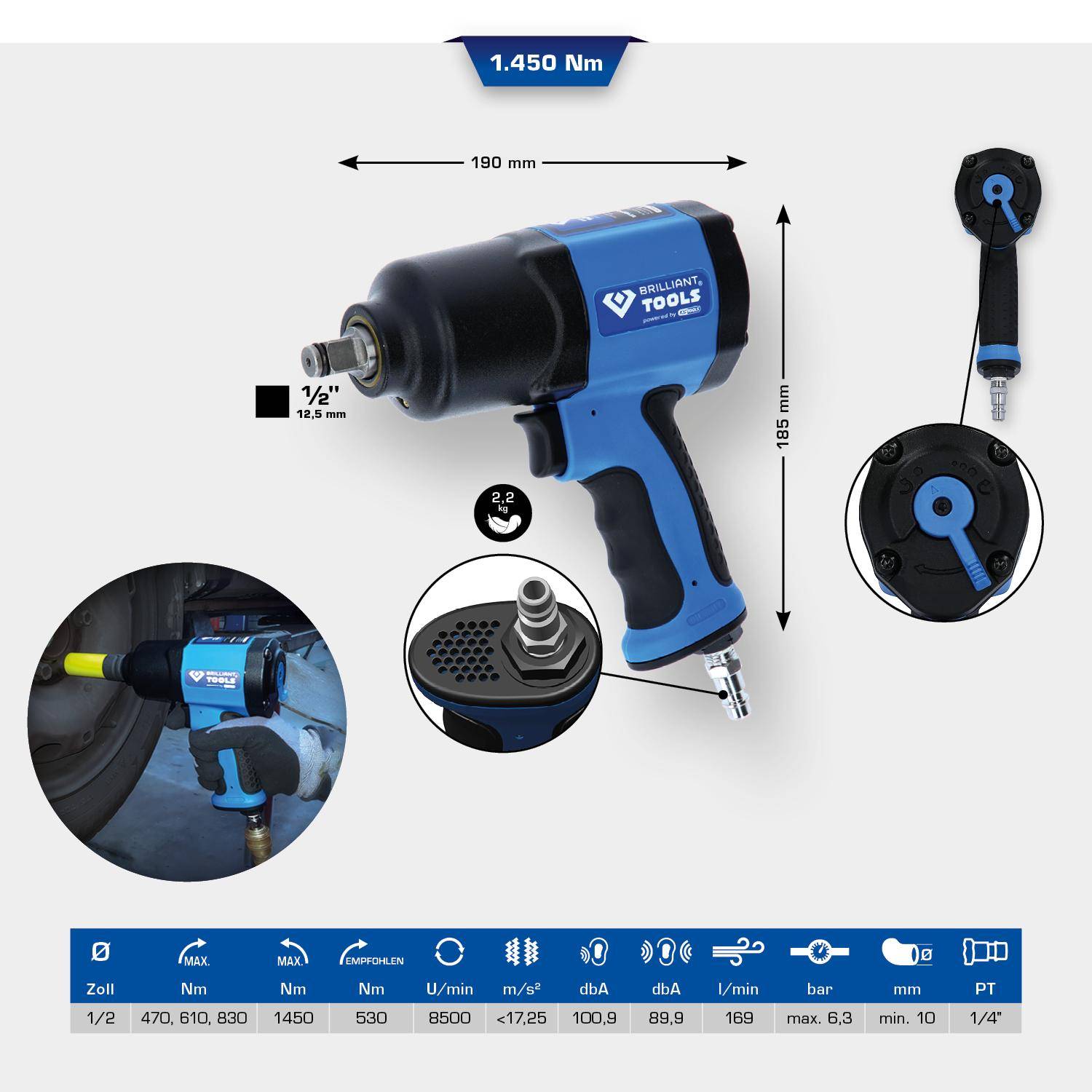 Brilliant Tools 1/2" Druckluft-Schlagschrauber, 1.450 Nm-4