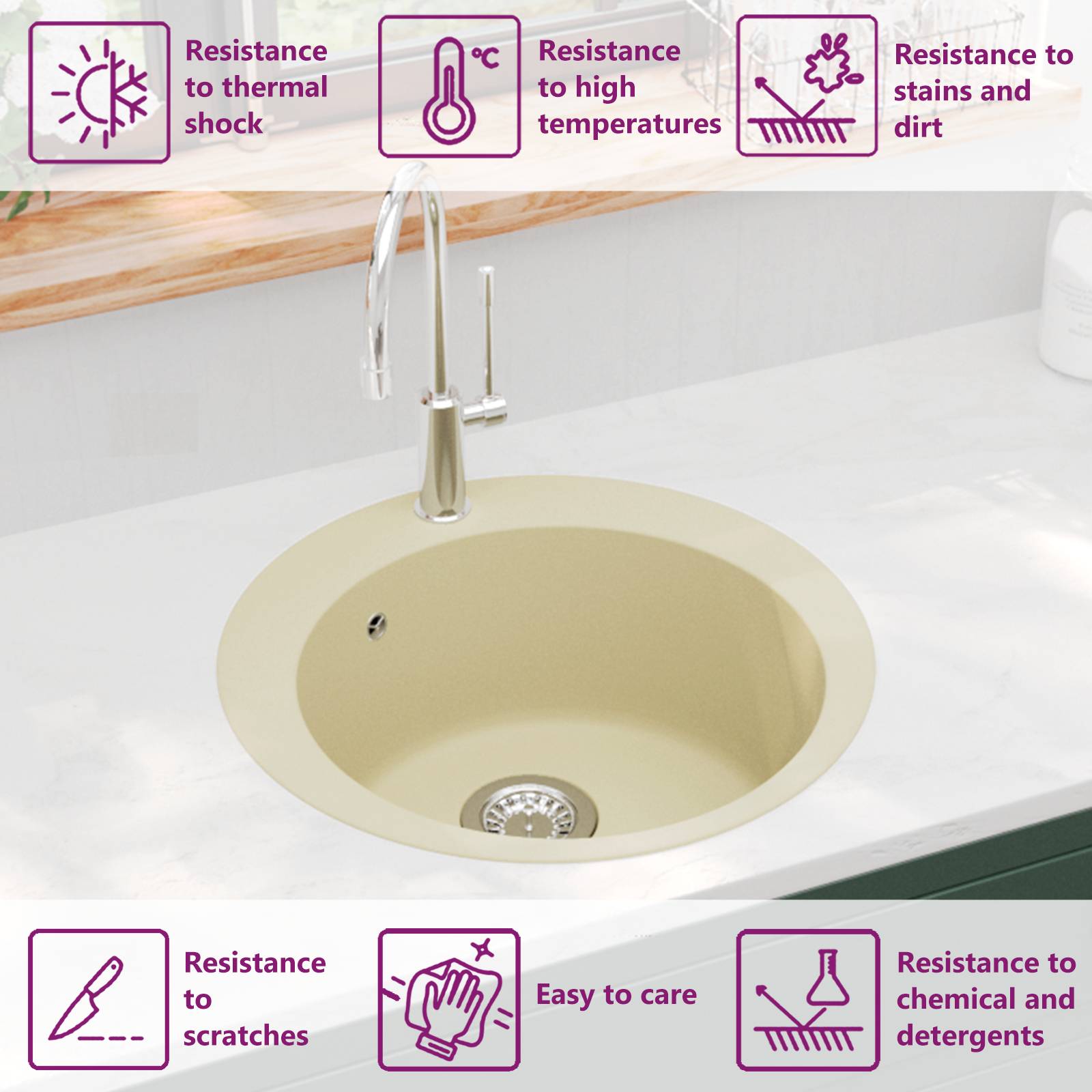 vidaXL Granitspüle Einzelbecken Rund Beige-4