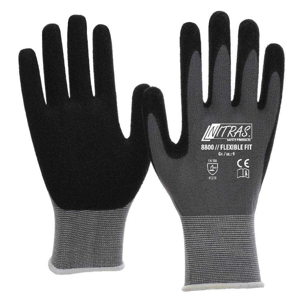NITRAS FLEXIBLE FIT, Strickhandschuhe, Spezial-Stretch-Strick, grau, Spezialbeschichtung, schwarz, EN 388, STANDARD 100-0