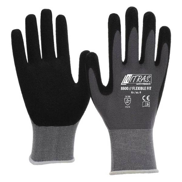NITRAS FLEXIBLE FIT, Strickhandschuhe, Spezial-Stretch-Strick, grau, Spezialbeschichtung, schwarz, EN 388, STANDARD 100