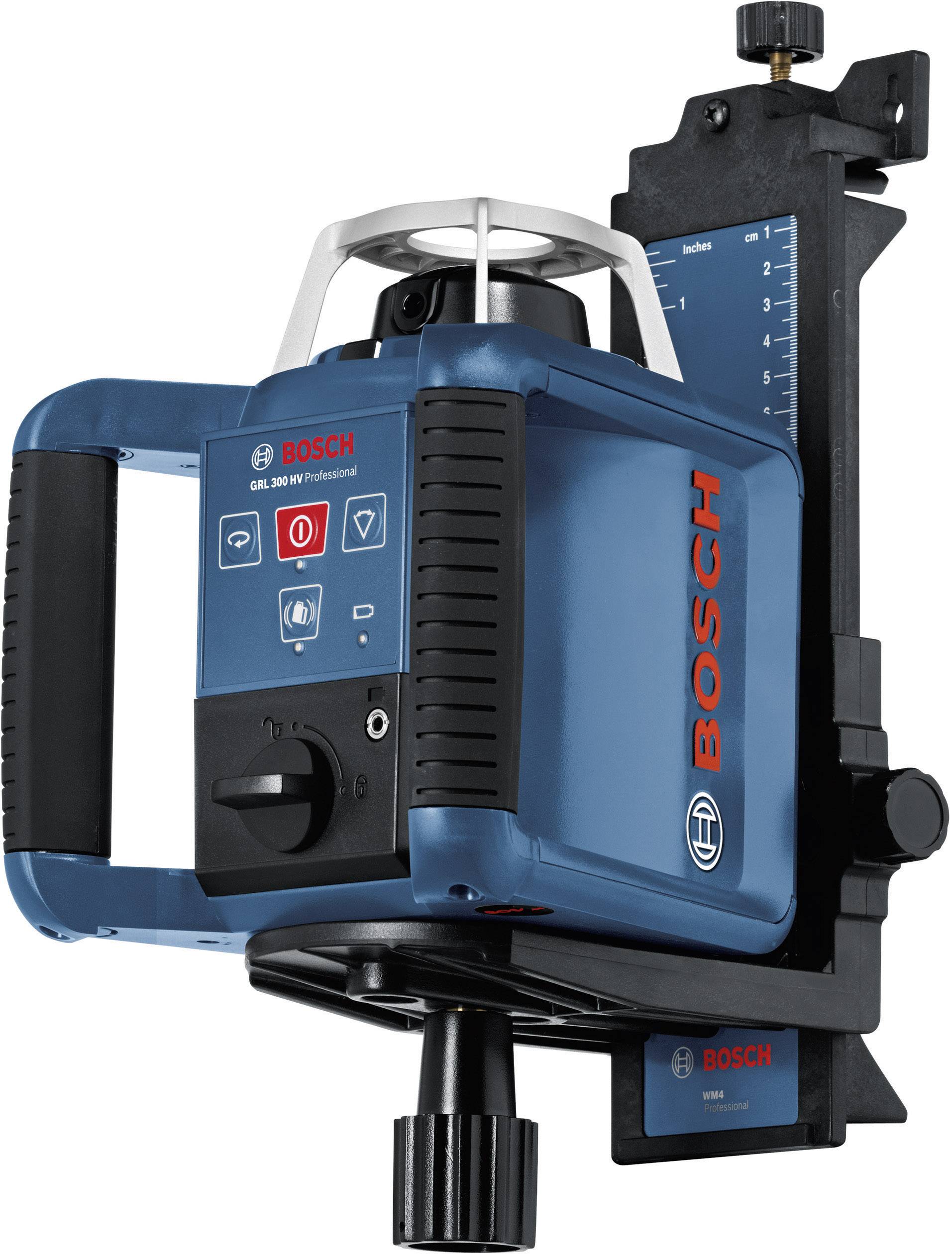 Ein blauer Bosch-GLL 300 HV Rotationslaser mit Bedienknöpfen und Griff.用于精密等级和测量高度调整,用于施工 und Nivellieren.