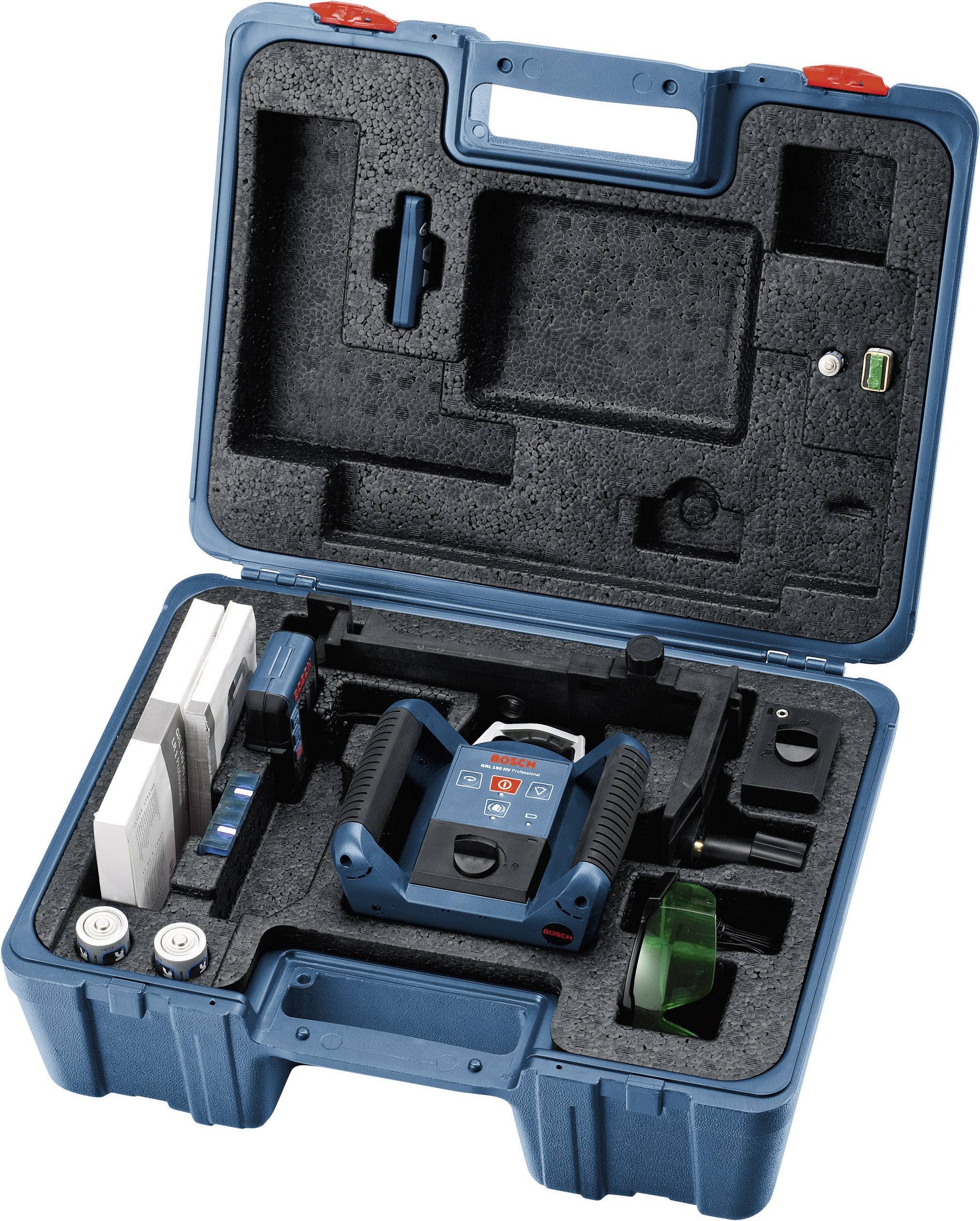 Offener blauer Werkzeugkoffer mit verschiedenen Messgeräten und Zubehör. Enthält Laser-Entfernungsmesser und Batterien.