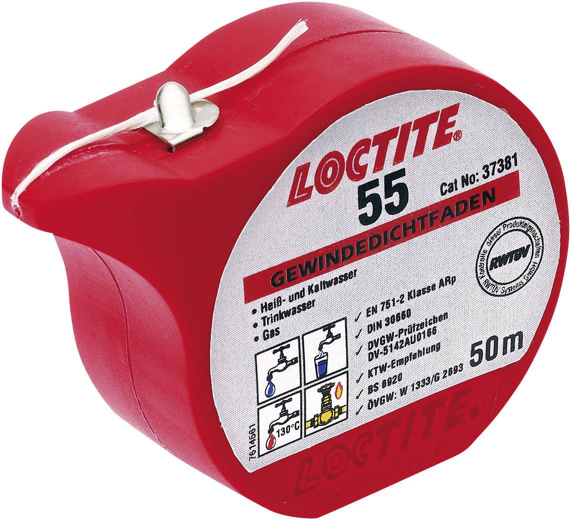 Rote Spule Loctite 55 Gewindedichtfaden, für Heiß- und Kaltwasser, Gas, 50 m. Wichtige Zulassungen und Piktogramme erkennbar.