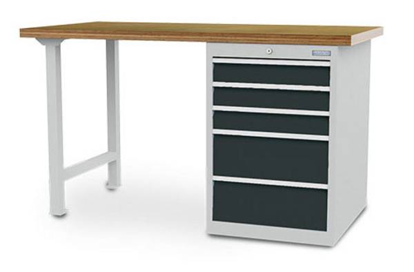 Werkbank,HxBxT 859x1500x750mm,Multiplexplatte,Tragl. 100kg,2 Füße/1 Container,Ausstattung: 5 Schubladen,Schrank