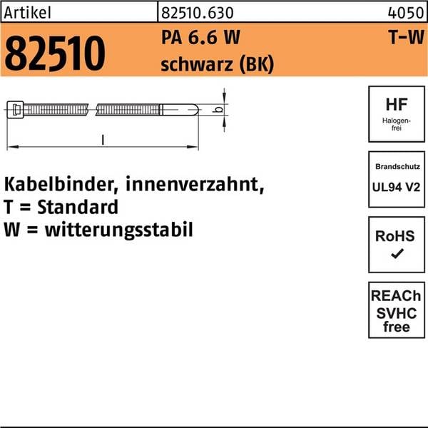 Kabelbinder R 82510 innenverz. 4,7x300/85 PA 6.6 W sw 100St. HELLERMANNTYTON