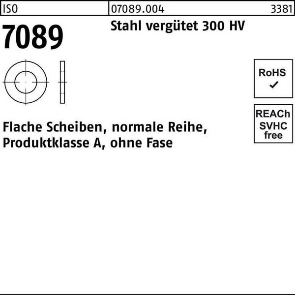 Unterlegscheibe ISO 7089 o.Fase 20 Stahl vergütet 300 HV 100 Stück