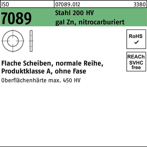 Unterlegscheibe ISO 7089 o.Fase 36 Stahl 200 HV galv.verz. nitrocarburiert 50St.
