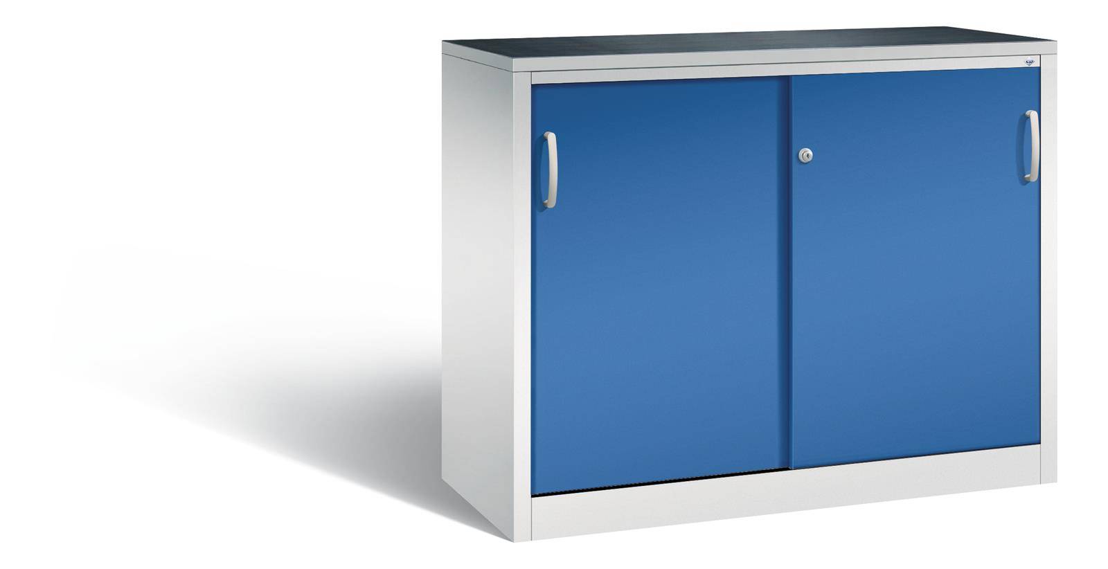 Thekenschrank mit Schiebetüren, Serie Acurado-2000, Korpus: RAL 7035 Lichtgrau, Front: RAL 5010 Enzi-0