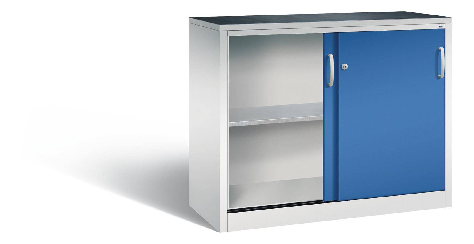 Thekenschrank mit Schiebetüren, Serie Acurado-2000, Korpus: RAL 7035 Lichtgrau, Front: RAL 5010 Enzi-1