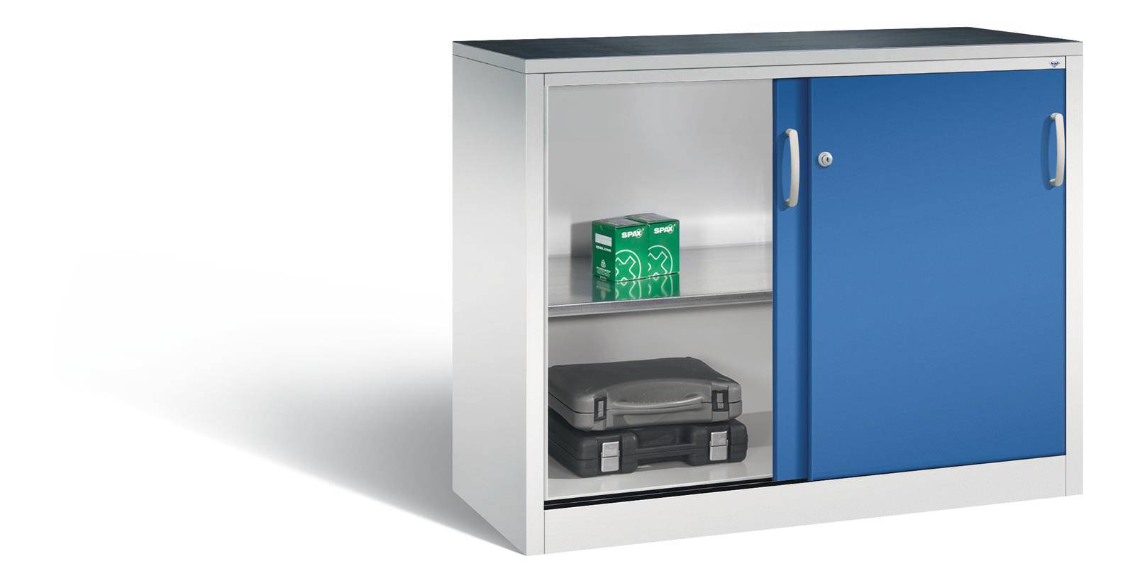 Thekenschrank mit Schiebetüren, Serie Acurado-2000, Korpus: RAL 7035 Lichtgrau, Front: RAL 5010 Enzi-2