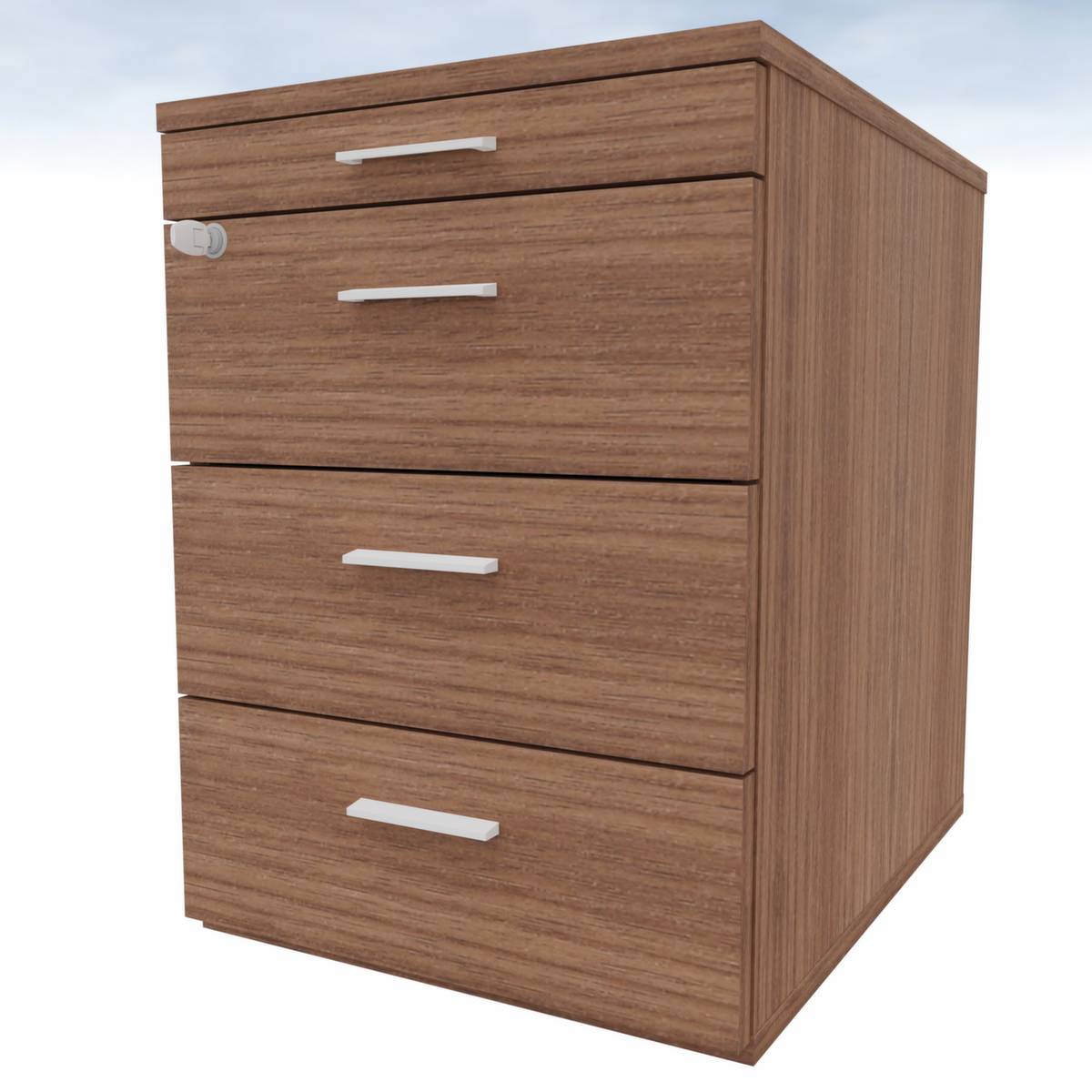 Rollcontainer,HxBxT 585x420x560mm,3 Schublade(n),Zentralverschl.,Korpus Nussbaum,Front Nussbaum,Rollen mit Bremse