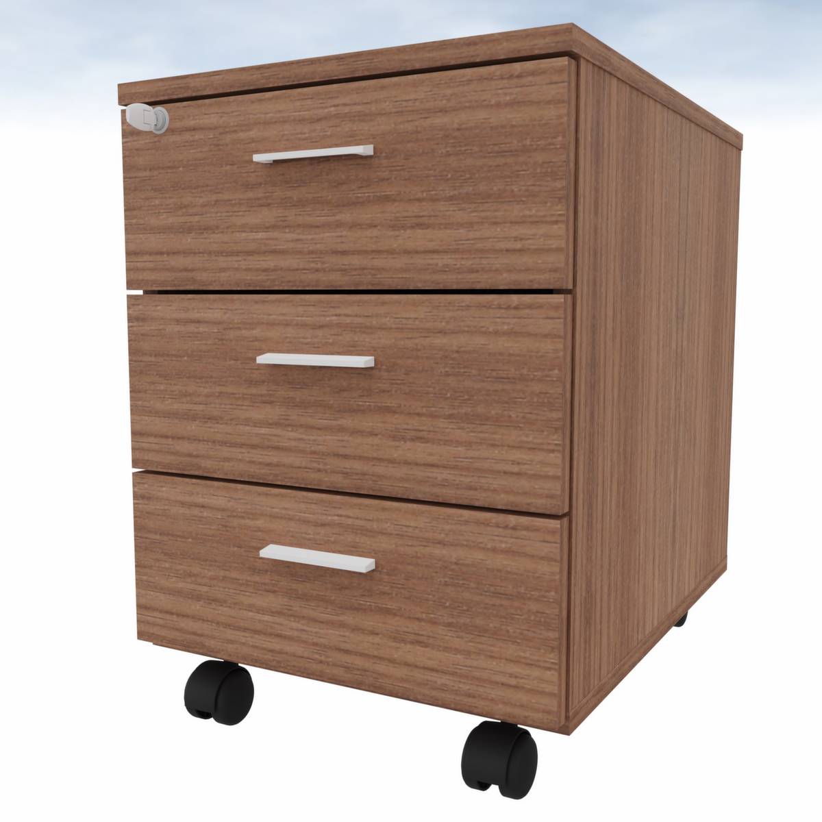 Rollcontainer,HxBxT 580x420x560mm,3 Schublade(n),Zentralverschl.,Korpus Nussbaum,Front Nussbaum,Rollen mit Bremse