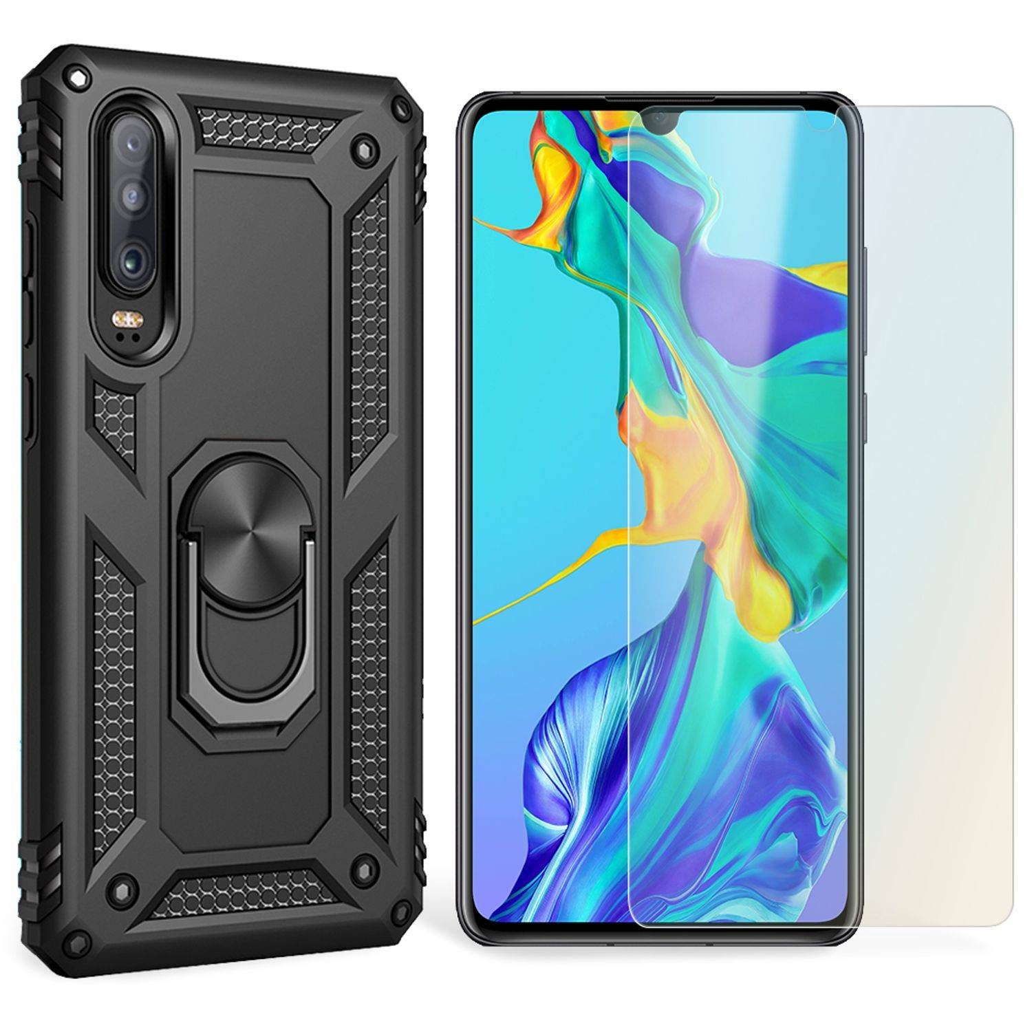 NALIA Ring Handy Hülle für Huawei P30, Case Cover Bumper Display Schutz Glas Schwarz-0