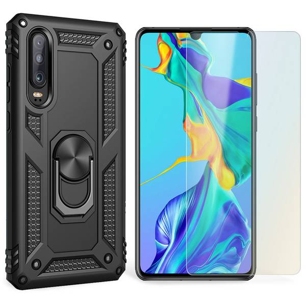 NALIA Ring Handy Hülle für Huawei P30, Case Cover Bumper Display Schutz Glas Schwarz