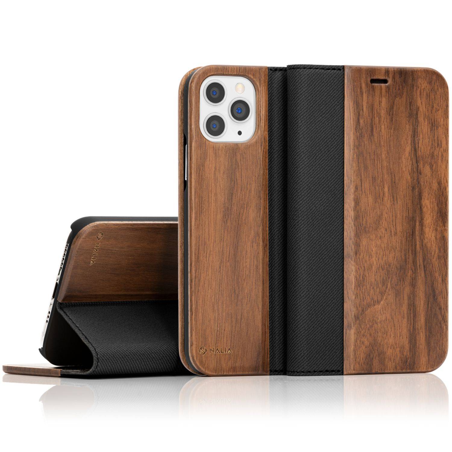 NALIA Echt Holz Flip Case für iPhone 11 Pro, Premium Wood Etui Handy Hülle Cover-0
