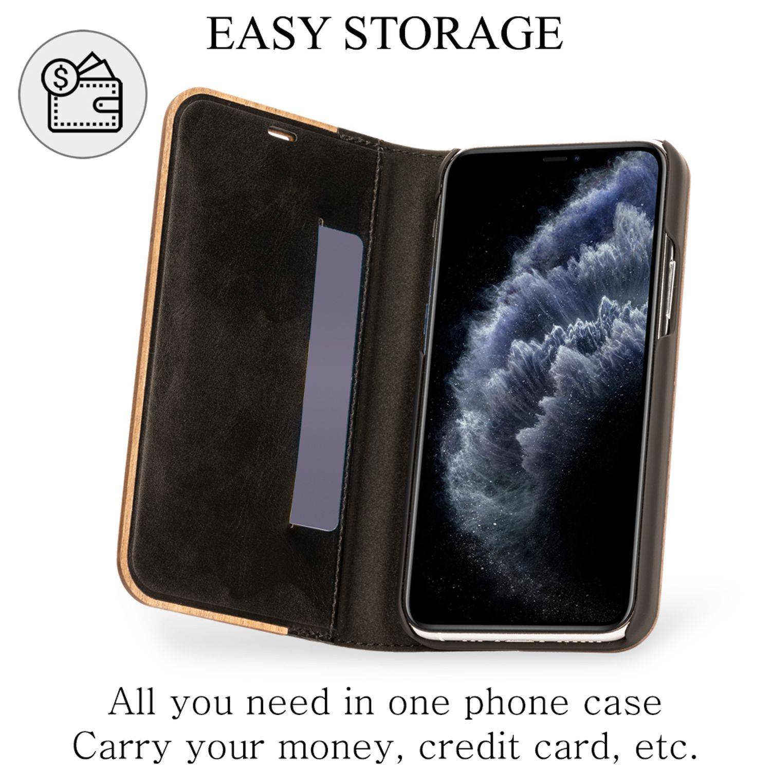 NALIA Echt Holz Flip Case für iPhone 11 Pro, Premium Wood Etui Handy Hülle Cover-5