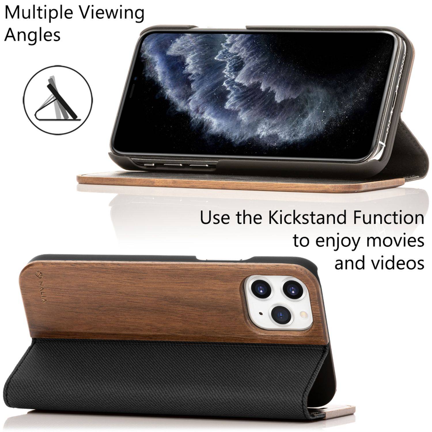 NALIA Echt Holz Flip Case für iPhone 11 Pro, Premium Wood Etui Handy Hülle Cover-6