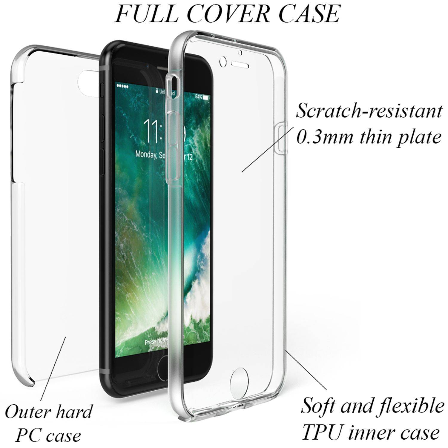 NALIA 360° Handy Hülle für iPhone SE 2022 / SE 2020 / 8 / 7, Case Cover Schutz Transparent-5